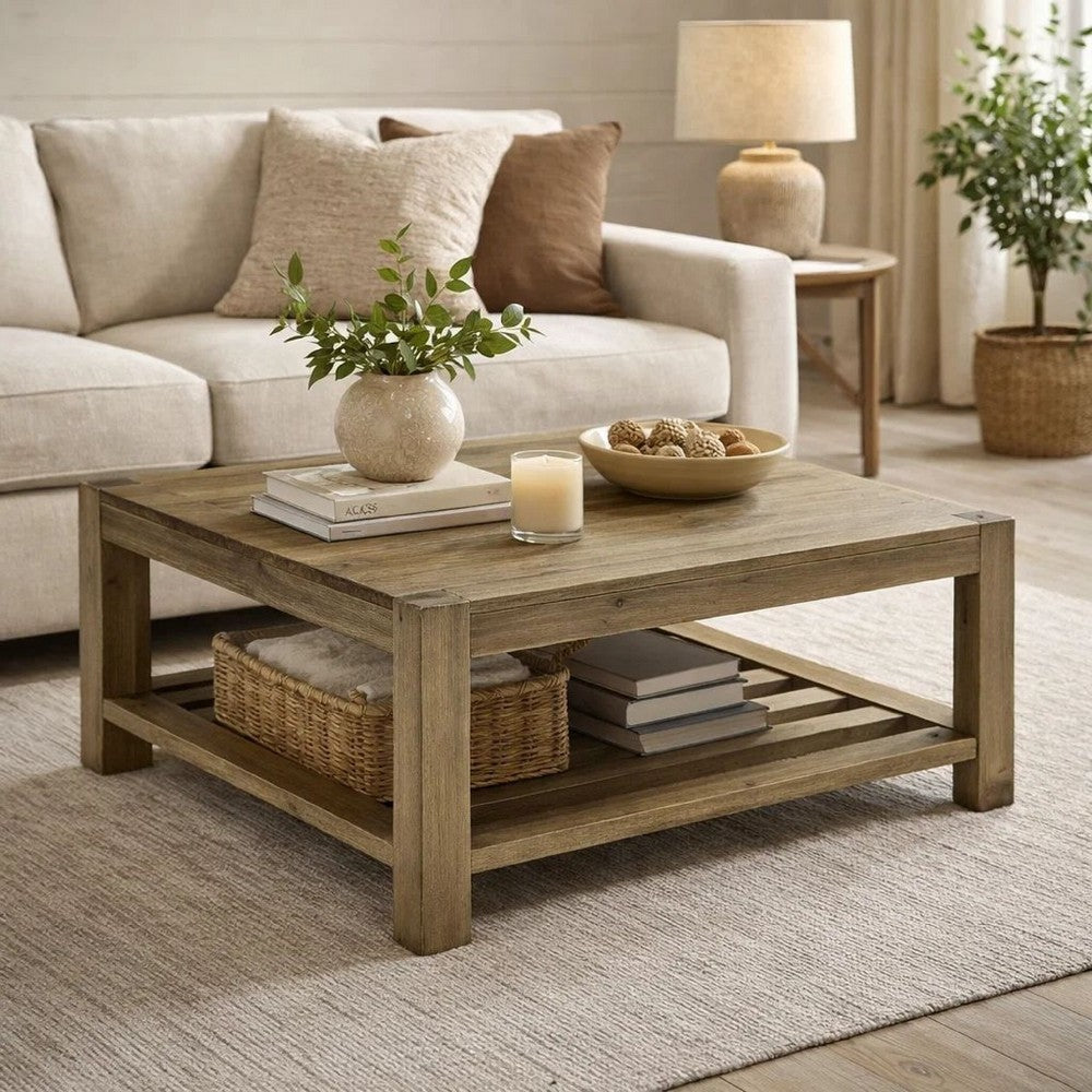 Cyon 42 Inch Square Coffee Table, Washed Gray and Brown Wood, Open Shelf