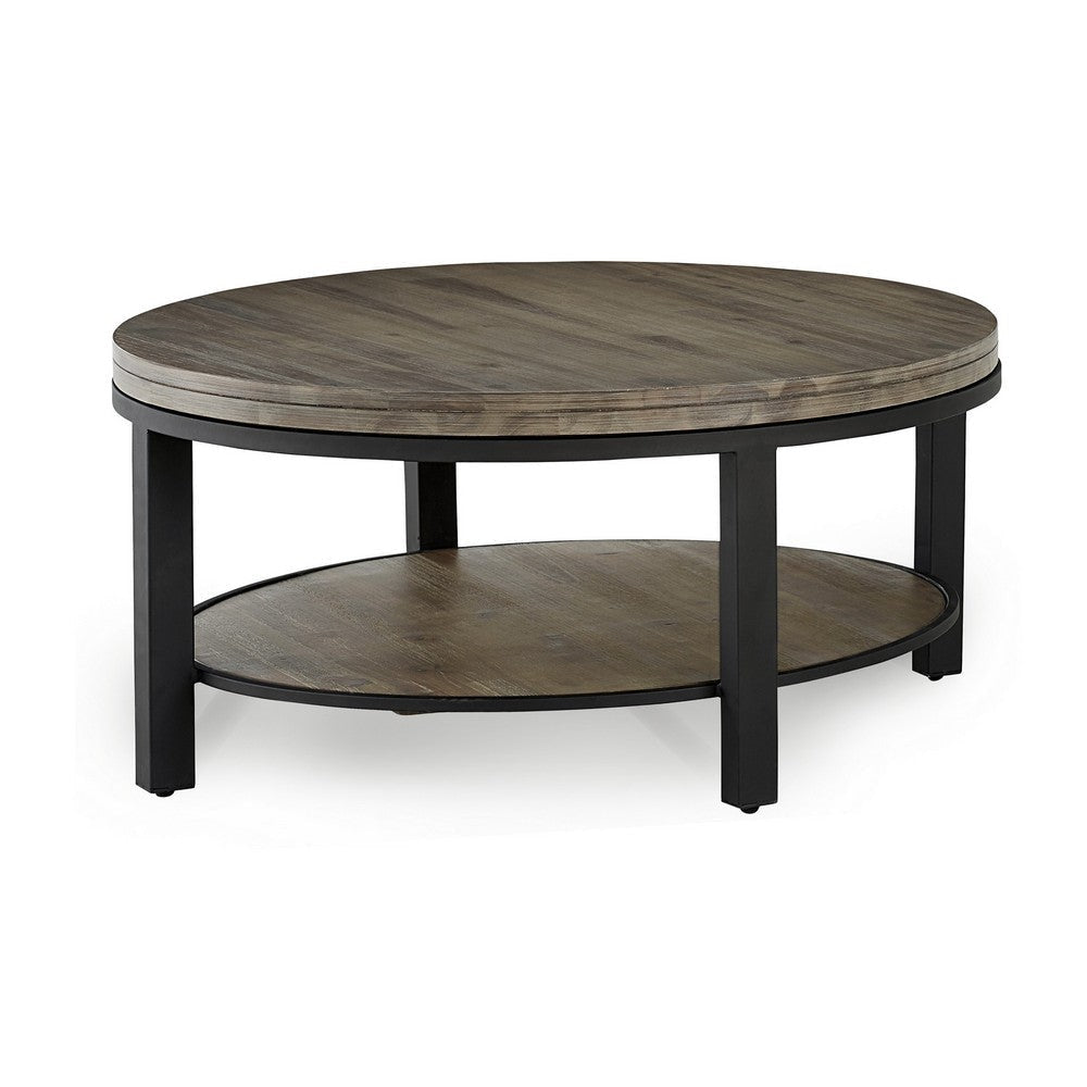 Cyon 40 Inch Round Coffee Table Black Metal Frame Gray Wood Open Shelf BM306037