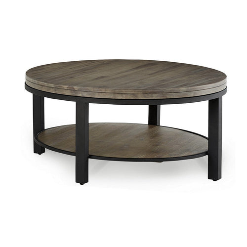 Cyon 40 Inch Round Coffee Table, Black Metal Frame, Gray Wood, Open Shelf