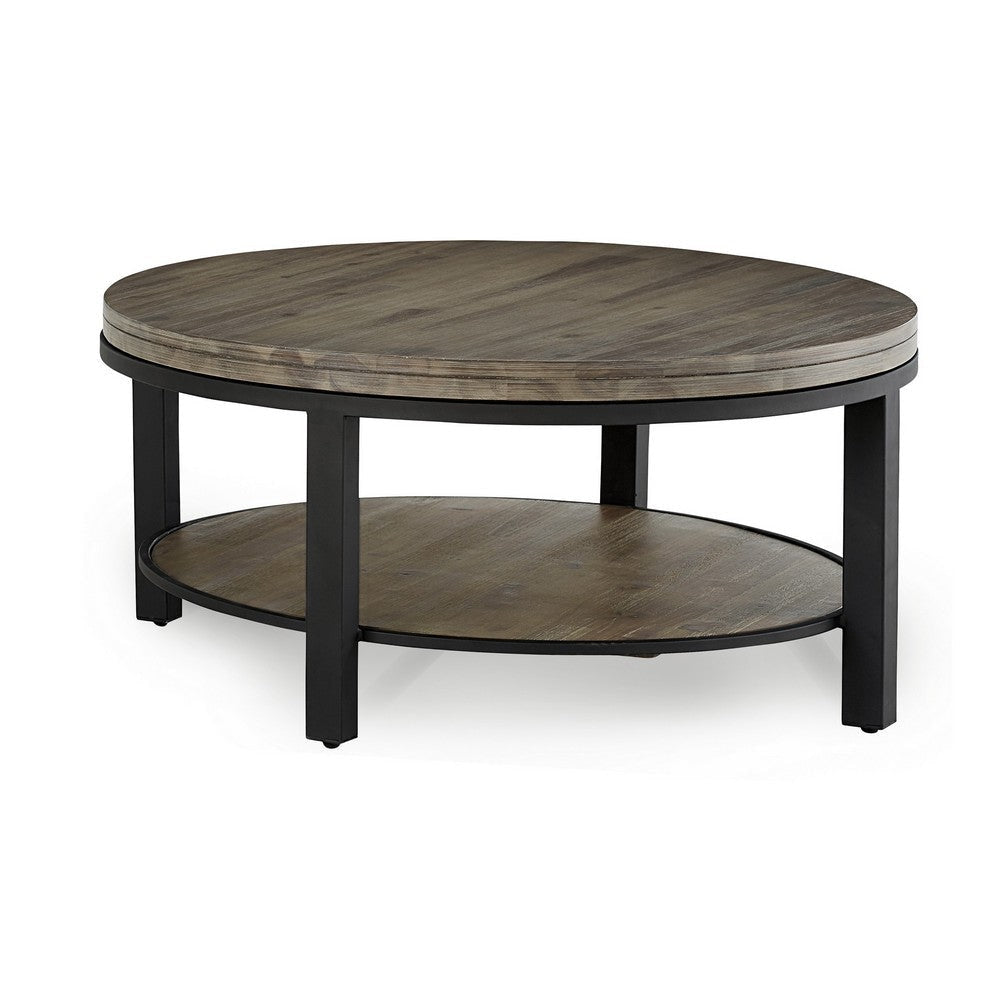 Cyon 40 Inch Round Coffee Table, Black Metal Frame, Gray Wood, Open Shelf