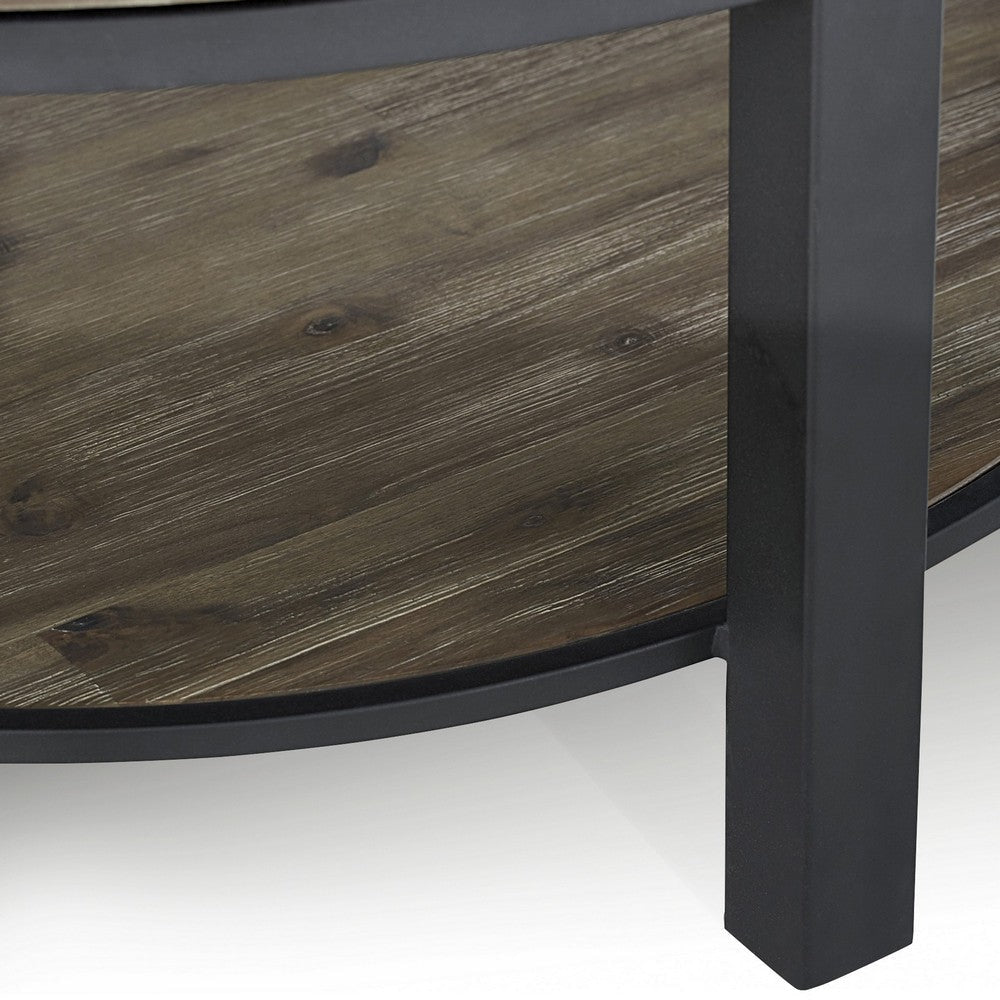 Cyon 40 Inch Round Coffee Table Black Metal Frame Gray Wood Open Shelf BM306037