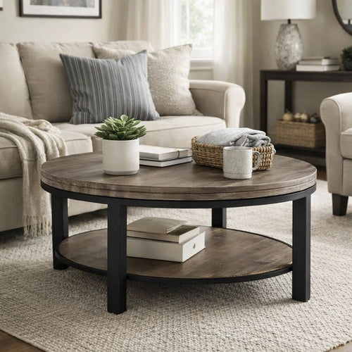 Cyon 40 Inch Round Coffee Table, Black Metal Frame, Gray Wood, Open Shelf