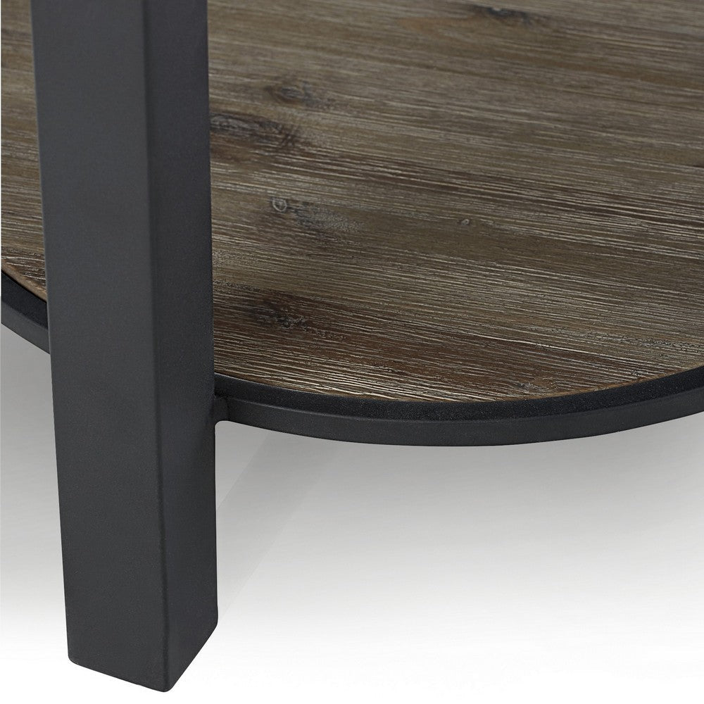 Cyon 24 Inch Round Side End Table Black Metal Frame Gray Wood Open Shelf BM306038