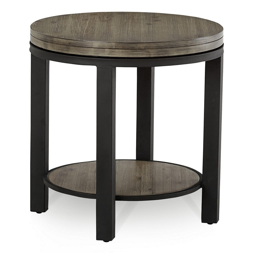 Cyon 24 Inch Round Side End Table, Black Metal Frame, Gray Wood, Open Shelf