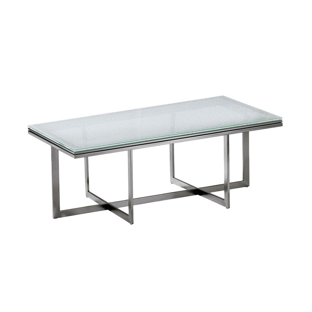 Ezin 48 Inch Rectangular Coffee Table, Crackled Glass Top, Metal Frame