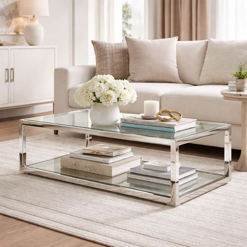 Jape 48 Inch Rectangular Coffee Table, Glass, Steel, Clear Acrylic, White