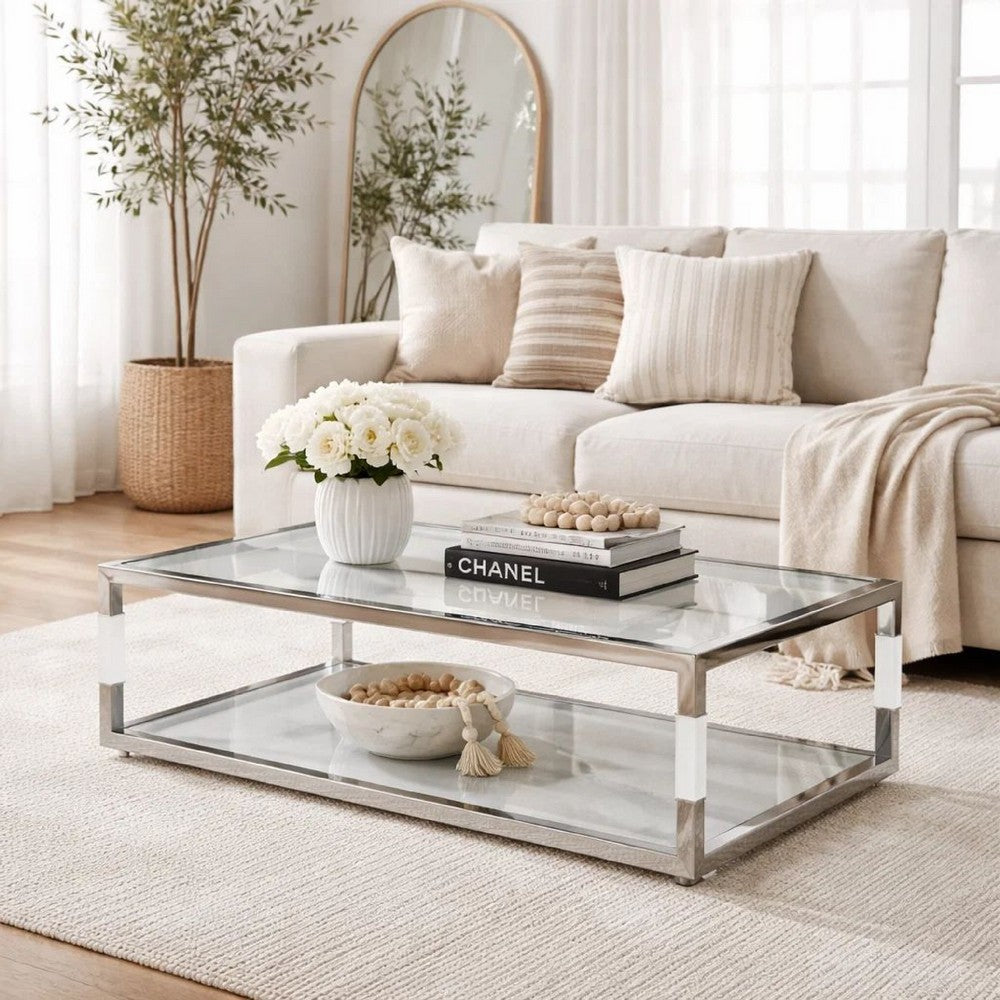 Jape 48 Inch Rectangular Coffee Table, Glass, Steel, Clear Acrylic, White