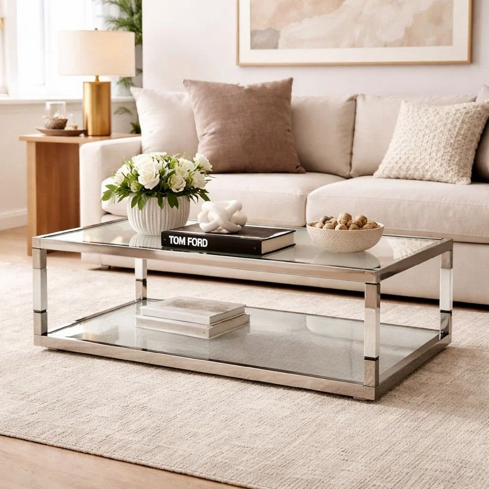 Jape 48 Inch Rectangular Coffee Table, Glass, Steel, Clear Acrylic, White