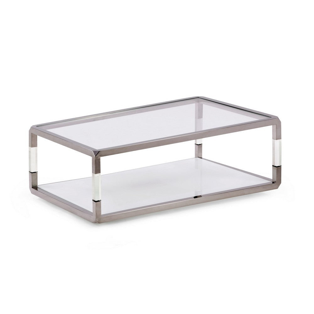 Jape 48 Inch Rectangular Coffee Table, Glass, Steel, Clear Acrylic, White