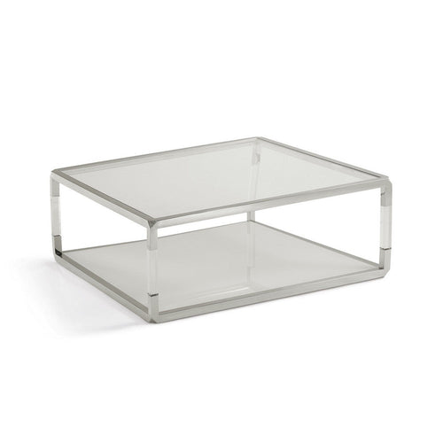 Jape 47 Inch Square Coffee Table, Glass, Stainless Steel, Clear Acrylic