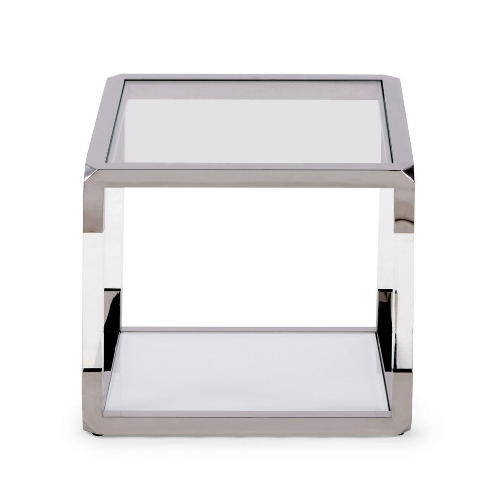 Jape 22 Inch Square Side End Table Glass Stainless Steel Acrylic White BM306047