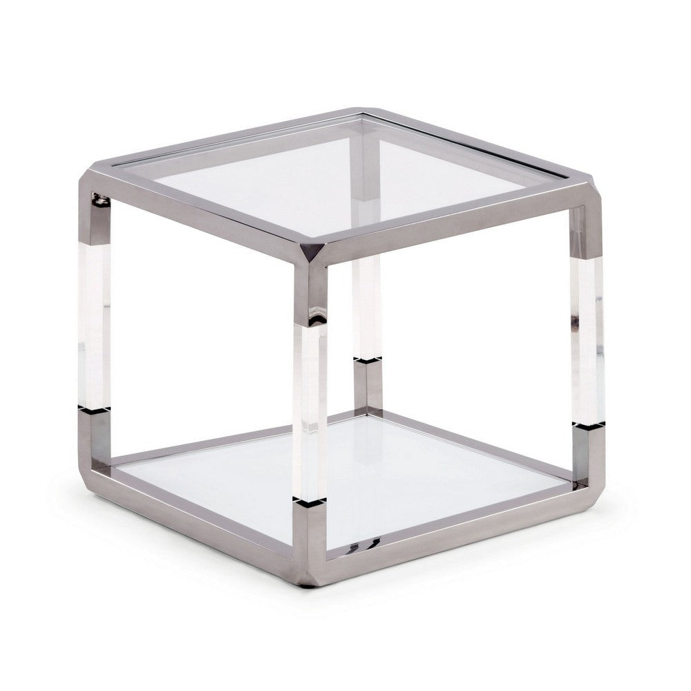 Jape 22 Inch Square Side End Table Glass Stainless Steel Acrylic White BM306047