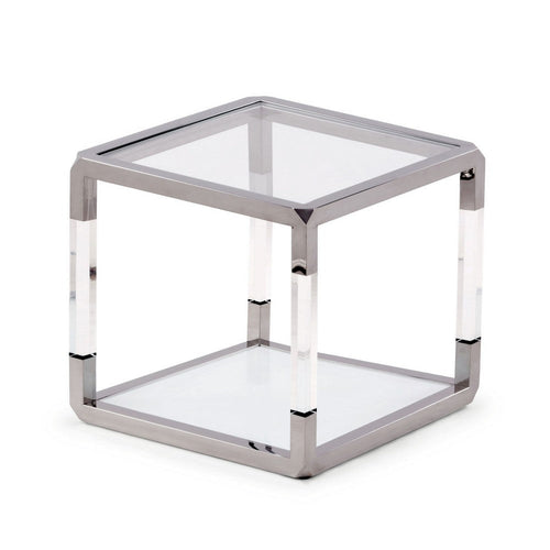 Jape 22 Inch Square Side End Table, Glass, Stainless Steel, Acrylic, White