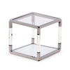 Jape 22 Inch Square Side End Table, Glass, Stainless Steel, Acrylic, White