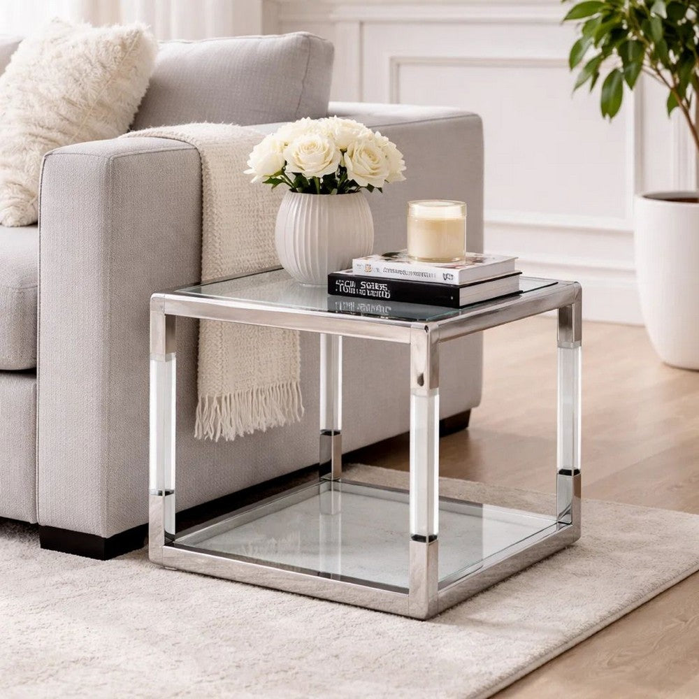 Jape 22 Inch Square Side End Table, Glass, Stainless Steel, Acrylic, White