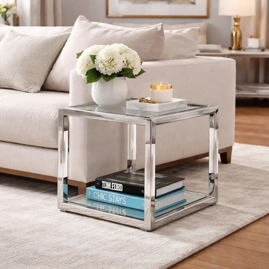Jape 22 Inch Square Side End Table, Glass, Stainless Steel, Acrylic, White