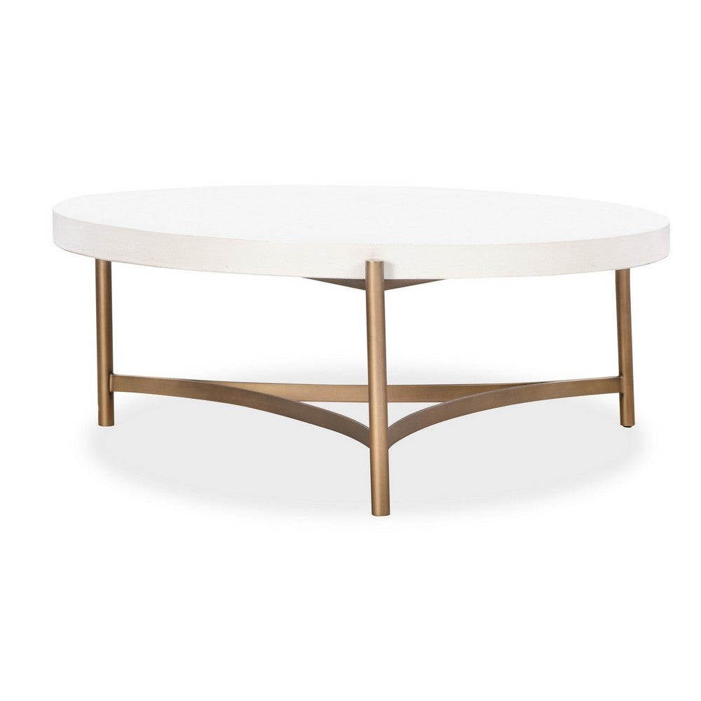 Leyu 46 Inch Round Coffee Table White Concrete Top Bronze Tripod Base BM306049