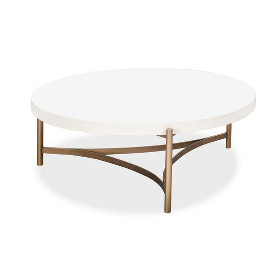 Leyu 46 Inch Round Coffee Table, White Concrete Top, Bronze Tripod Base