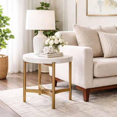 Leyu 23 Inch Round Side End Table, White Concrete Top, Bronze Tripod Base