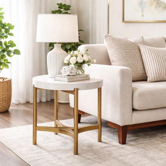 Leyu 23 Inch Round Side End Table, White Concrete Top, Bronze Tripod Base