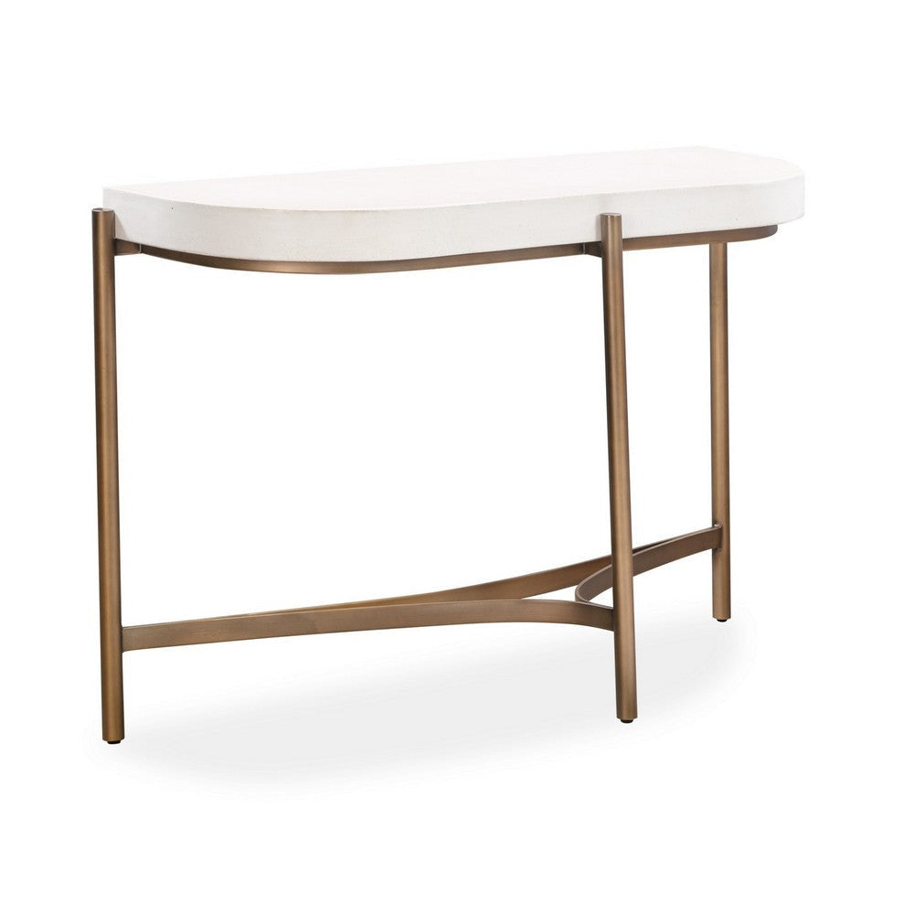 Leyu 51 Inch Curved Console Sofa Table, White Concrete Top, Bronze Base