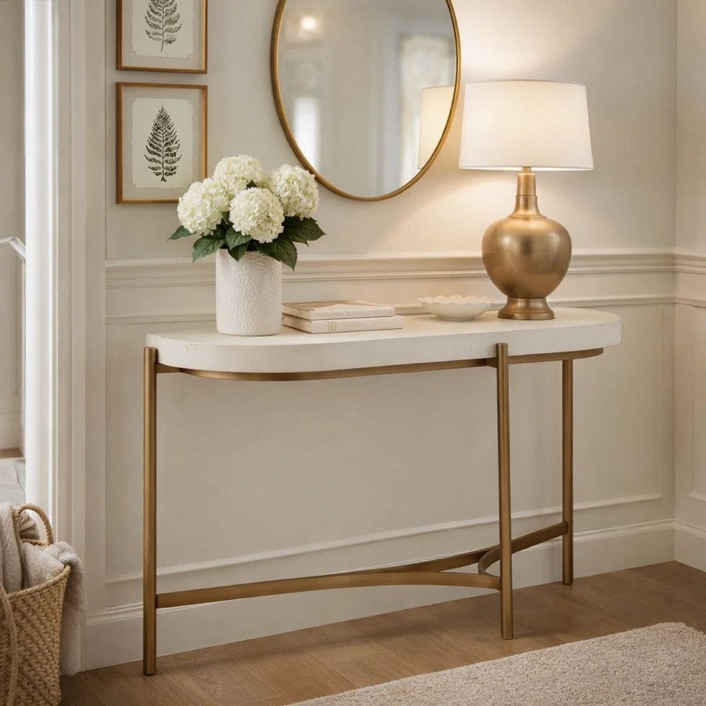 Leyu 51 Inch Curved Console Sofa Table, White Concrete Top, Bronze Base