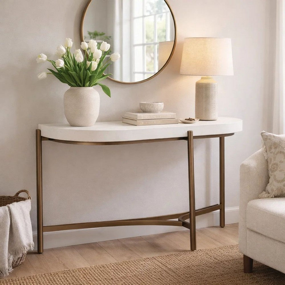 Leyu 51 Inch Curved Console Sofa Table, White Concrete Top, Bronze Base