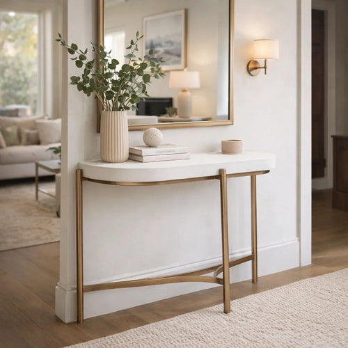 Leyu 51 Inch Curved Console Sofa Table, White Concrete Top, Bronze Base