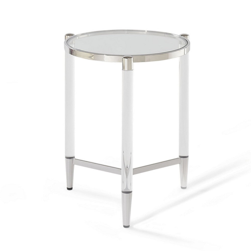 Mase 24 Inch Round Side End Table Glass Top Acrylic Legs Steel Frame BM306053