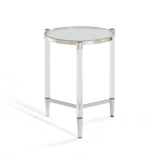 Mase 24 Inch Round Side End Table, Glass Top, Acrylic Legs, Steel Frame
