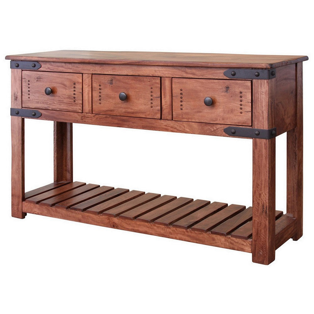 Umey 55 Inch 3 Drawer Sofa Table Slatted Bottom Shelf Brown Mango Wood By Casagear Home BM306089