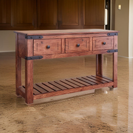 Umey 55 Inch 3 Drawer Sofa Table, Slatted Bottom Shelf, Brown Mango Wood By Casagear Home