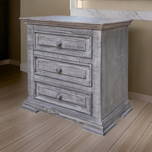 Siya 32 Inch Nightstand, 3 Drawers, Distressed Gray Pine Wood Molded Design By Casagear Home