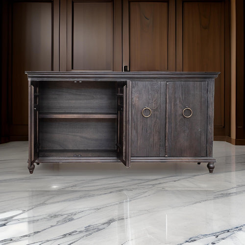 Cip 73 Inch 4 Door Console Table with Fixed Shelf, Charcoal Gray Pine Wood By Casagear Home