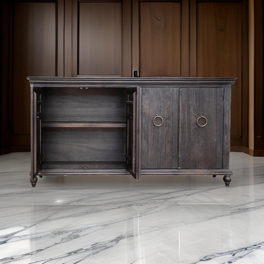 Cip 73 Inch 4 Door Console Table with Fixed Shelf, Charcoal Gray Pine Wood By Casagear Home