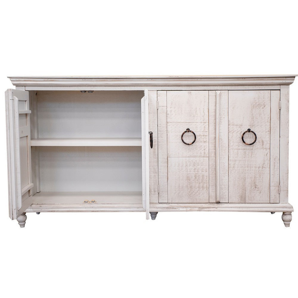 Cip 74 Inch 4 Door Console Table with Fixed Shelf Distressed Ivory Pine By Casagear Home BM306518