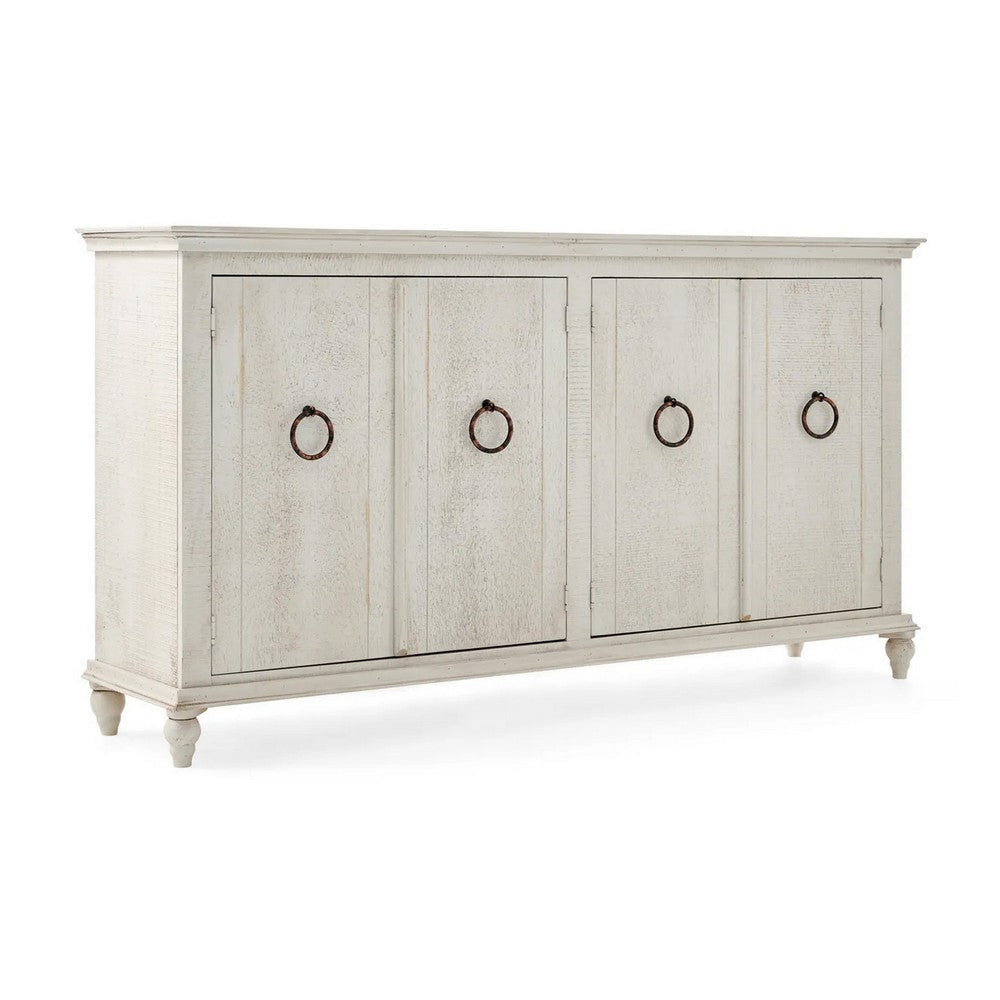 Cip 74 Inch 4 Door Console Table with Fixed Shelf, Distressed Ivory Pine By Casagear Home