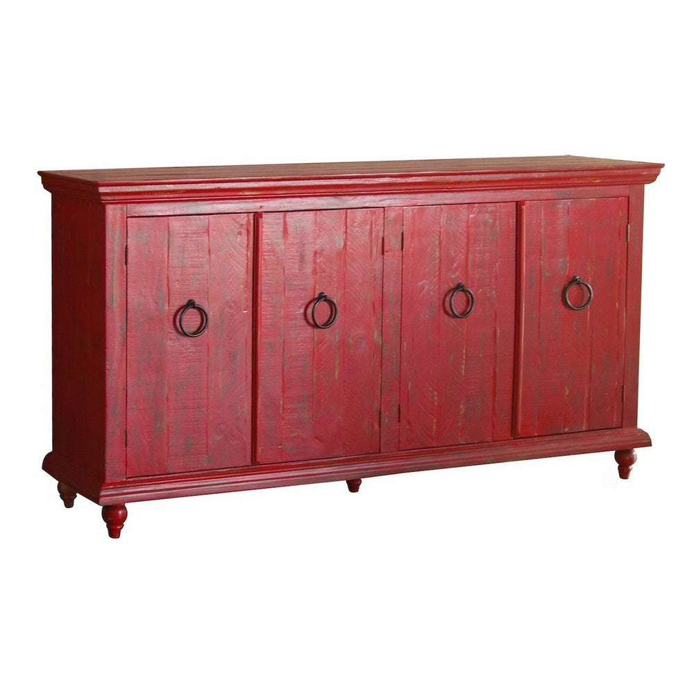 Cip 74 Inch 4 Door Console Table Fixed Shelf Distressed Red Pine Wood By Casagear Home BM306521