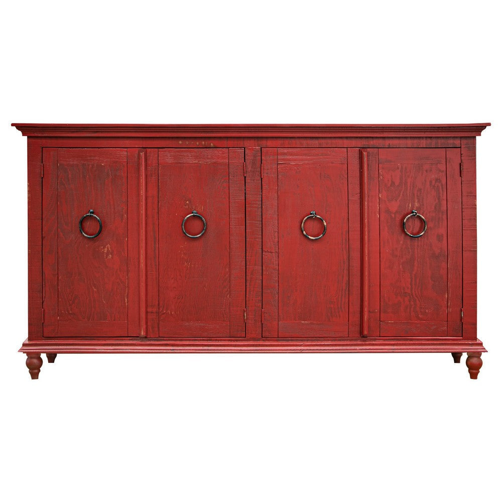 Cip 74 Inch 4 Door Console Table Fixed Shelf Distressed Red Pine Wood By Casagear Home BM306521