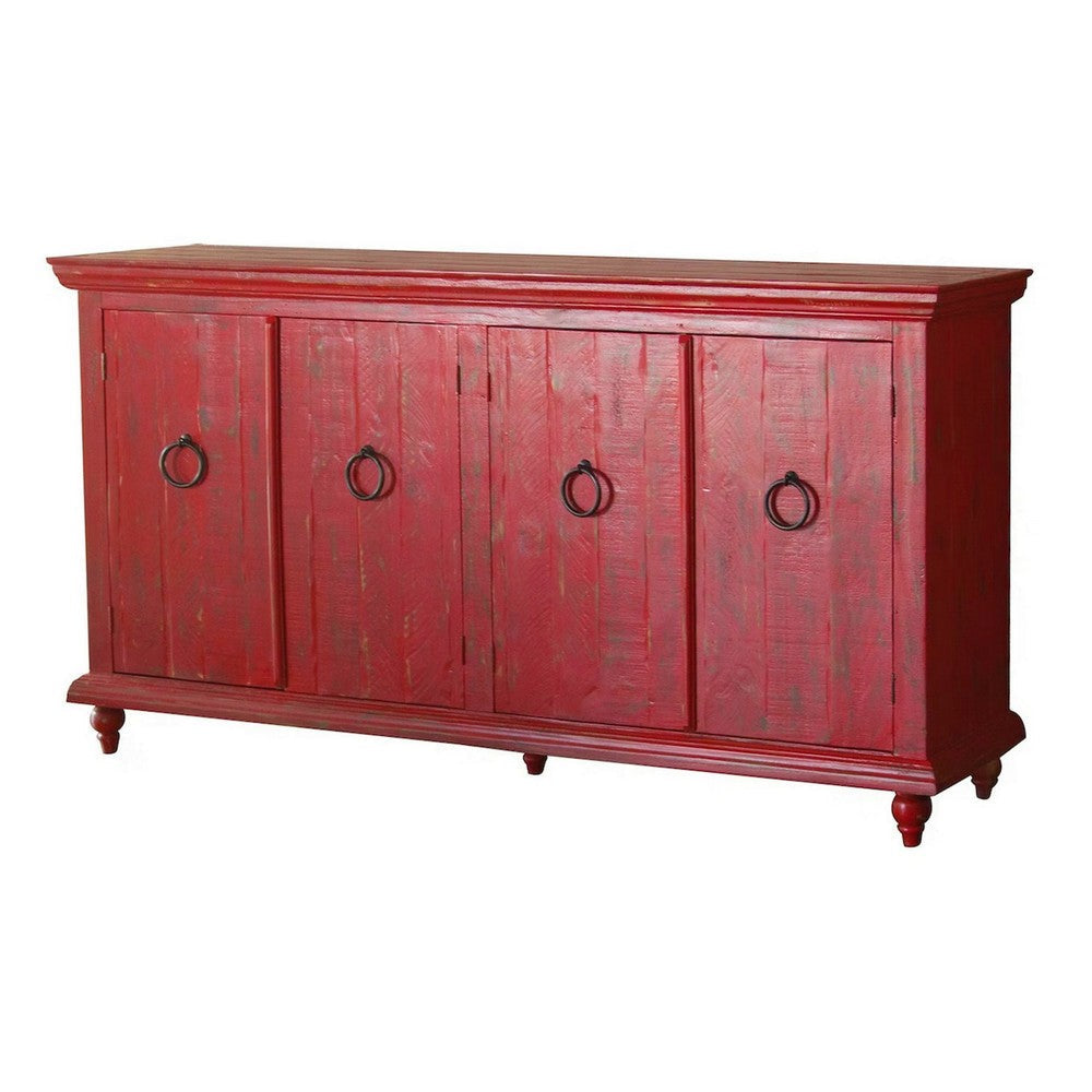 Cip 74 Inch 4 Door Console Table Fixed Shelf Distressed Red Pine Wood By Casagear Home BM306521
