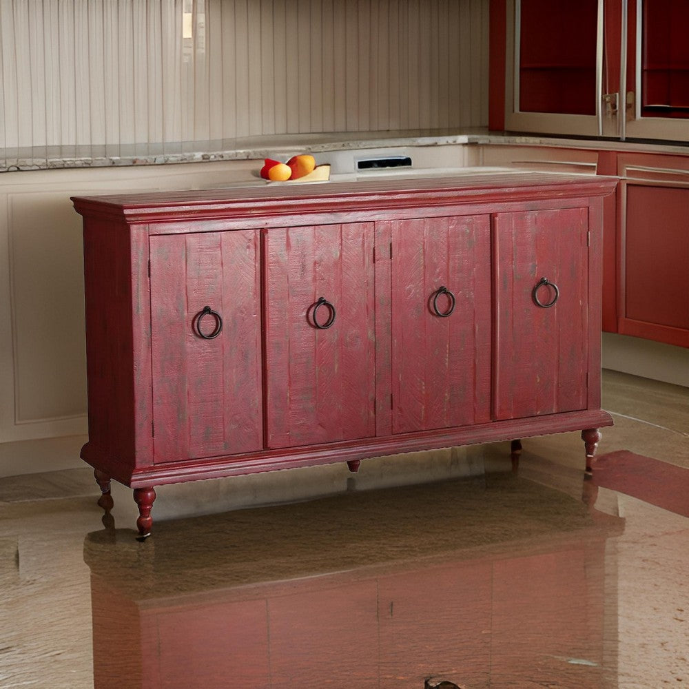 Cip 74 Inch 4 Door Console Table, Fixed Shelf, Distressed Red Pine Wood By Casagear Home