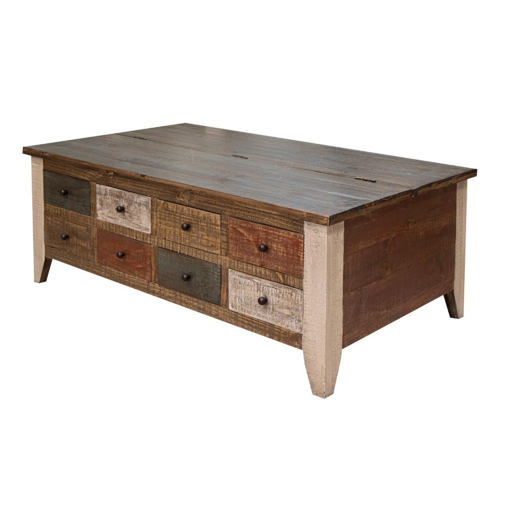 Fena 50 Inch 8 Drawer Coffee Table Lift Top Multicolor Distress Pine Wood By Casagear Home BM306540