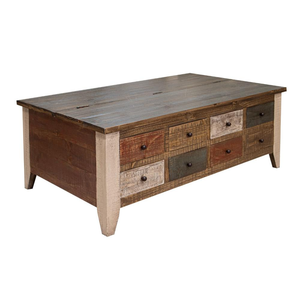 Fena 50 Inch 8 Drawer Coffee Table Lift Top Multicolor Distress Pine Wood By Casagear Home BM306540