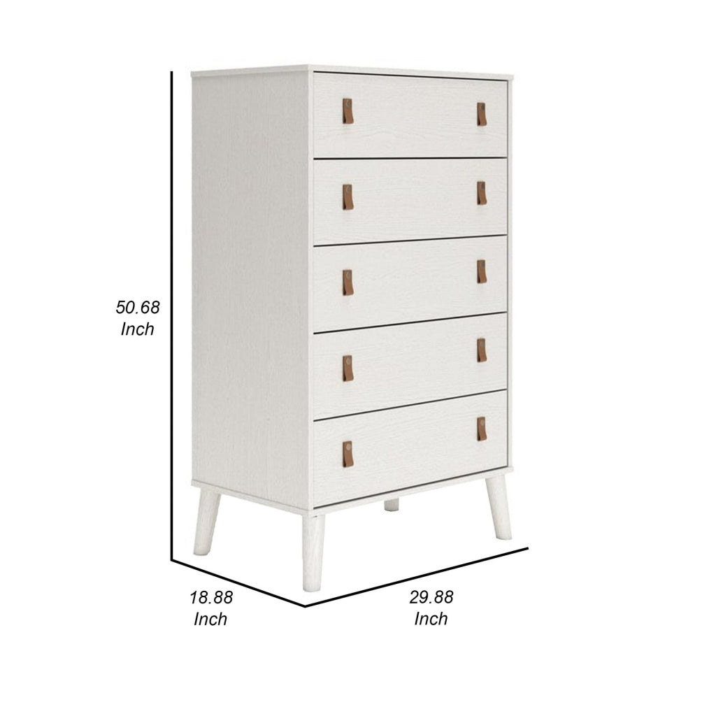 Nina 51 Inch 5 Drawer Tall Dresser Chest Brown Faux Leather Handles White By Casagear Home BM306606