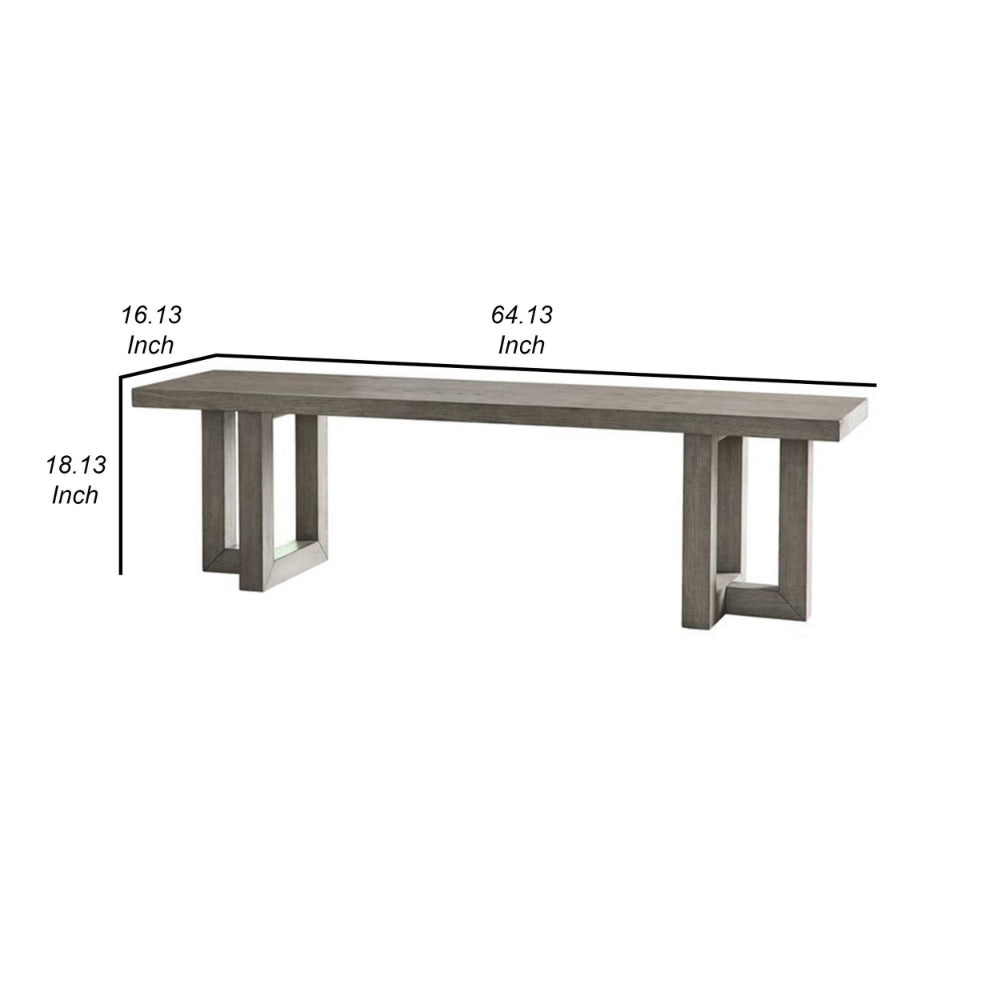 Gif 64 Inch Dining Bench, Geometric Pedestal Legs, Weathered Gray Finish By Casagear Home