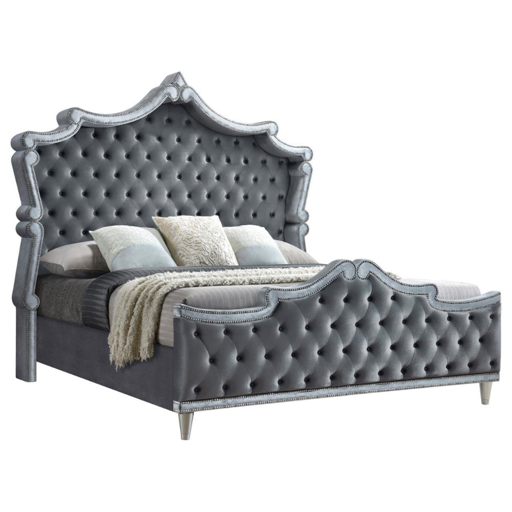 Ola Queen Size Bed Cushioned Classic Trim Button Tufted Gray Upholstery By Casagear Home BM306648