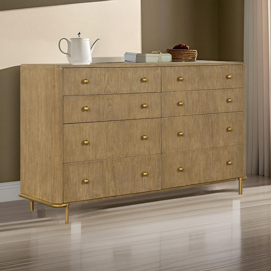 Sea 63 Inch Modern Dresser with 8 Drawers, Slender Legs, Natural Brown Wood