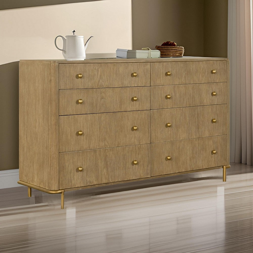 Sea 63 Inch Modern Dresser with 8 Drawers, Slender Legs, Natural Brown Wood