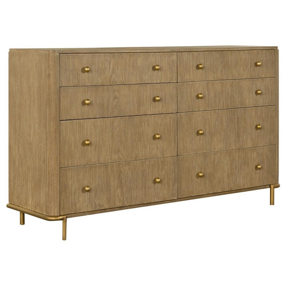 Sea 63 Inch Modern Dresser with 8 Drawers, Slender Legs, Natural Brown Wood