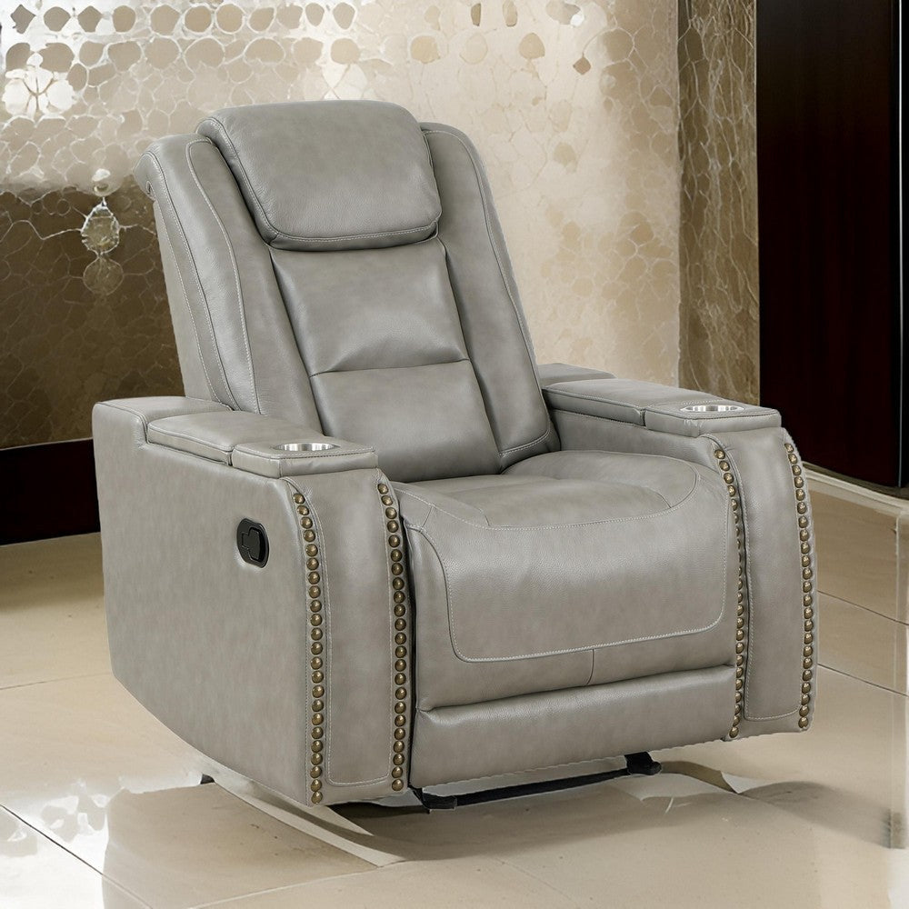 Luxe 39 Inch Manual Recliner, Genuine Leather, Smooth Gray Upholstery  By Casagear Home